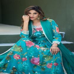 Premium Designer Floral Printed Taby Silk Readymade Gown with Net Dupatta